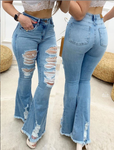 Ripped Holes Blue High Waist Flare Jeans
