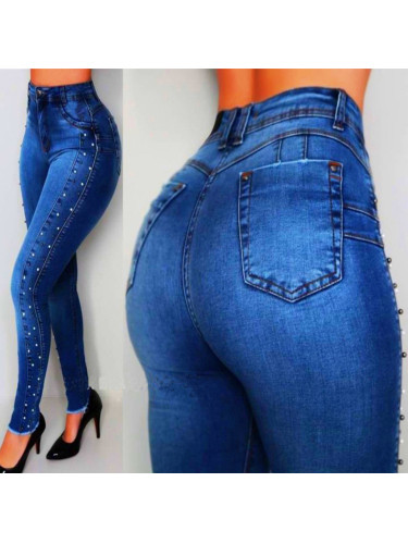 High Waist  Blue Studded Jeans