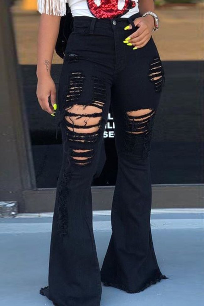 Ripped Holes High Waist Black Flare Jeans