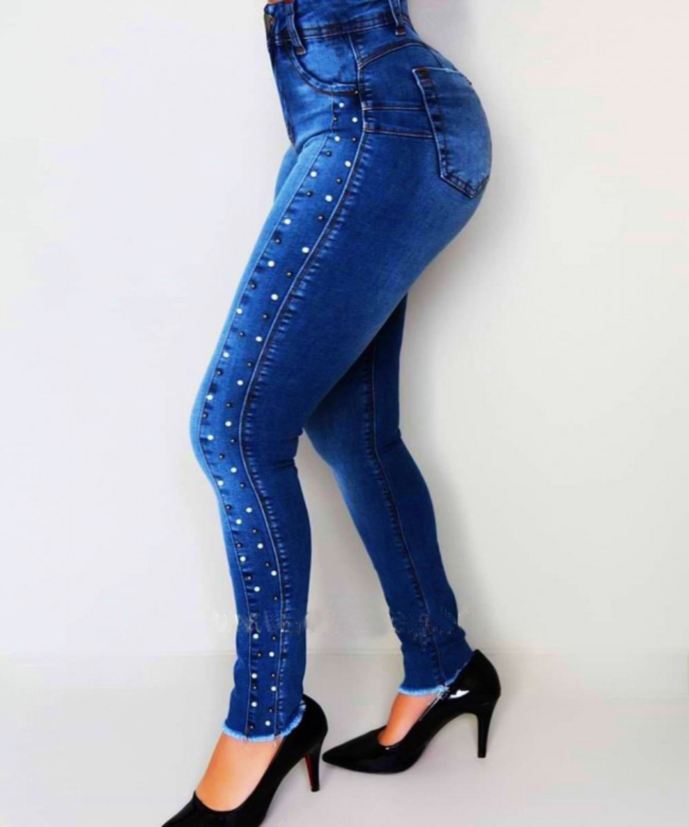High Waist  Blue Studded Jeans