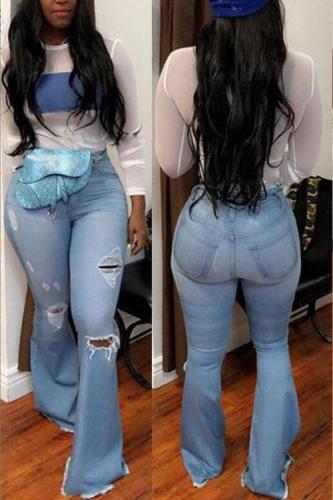 High Waist Ripped Holes Blue Flare Jeans
