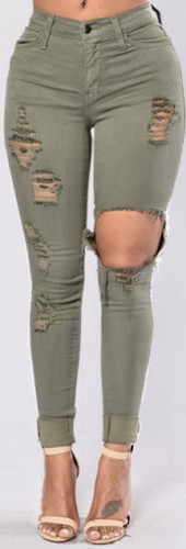 High Waist Ripped Holes Green Skinny Jeans
