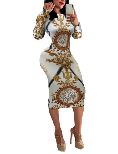 White & Gold Vintage Printed Long Sleeve Bodycon Dress