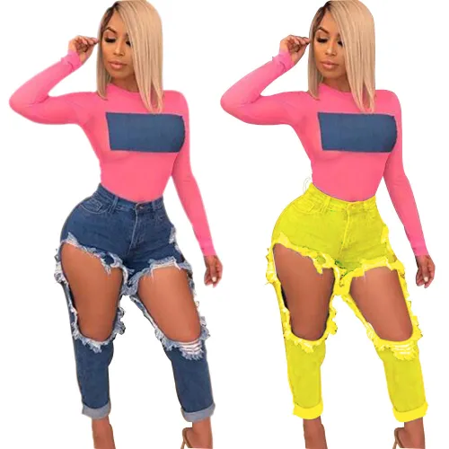 Yellow Open Holes Fashion Ripped Jeans
