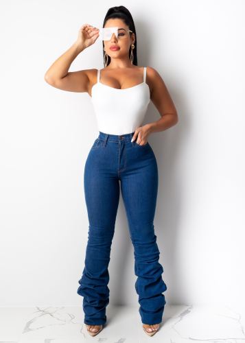 Stylish High Waist Scrunch Detail Blue Jeans