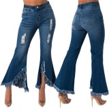 Fashion Ripped Irregular Fringe Hem Flare Jeans
