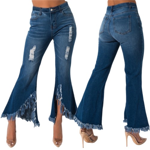 Fashion Ripped Irregular Fringe Hem Flare Jeans