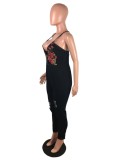 Halter Black Ripped Denim Jumpsuit with Rose Embriodery