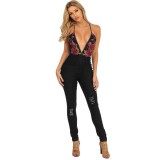 Halter Black Ripped Denim Jumpsuit with Rose Embriodery