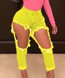 Yellow Open Holes Fashion Ripped Jeans