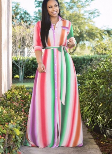 Plus Size Colorful Striped Waist Tie Buttoned Maxi Dress