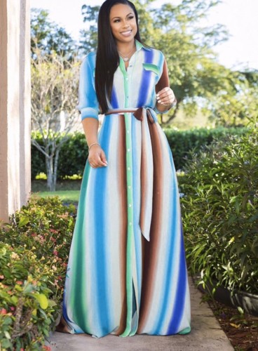 Plus Size Colorful Striped Button Up Maxi Dress