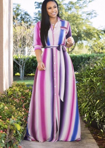 Plus Size Colorful Striped Half Sleeves Long Shirt Dress