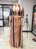 Plus Size Half Sleeve Colorful Striped Long Shirt Dress