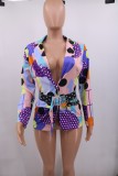 Multicolor Mixed Print Long Sleeve Belted Blazer