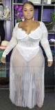 Plus See Through White Lace Bodysuit & Long Mesh Skirt