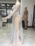 Plus See Through White Lace Bodysuit & Long Mesh Skirt