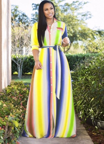 Plus Size Button Up Colorful Striped Maxi Dress
