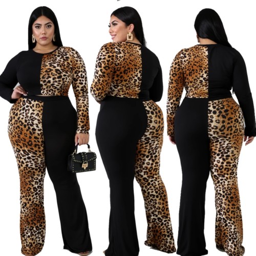 Plus Size Contrast Leopard Crop Top & Pants Set