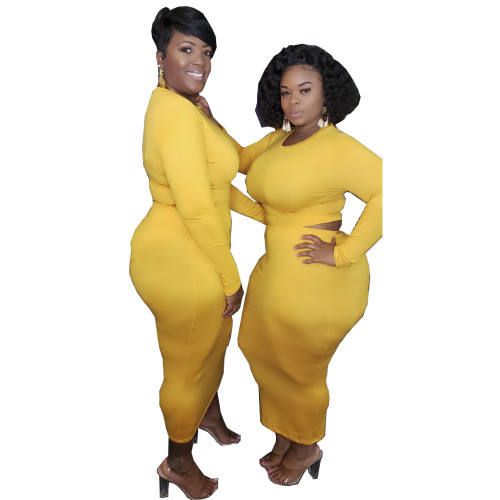Plus Size Yellow Crop Top and Bodycon Long Skirt Set