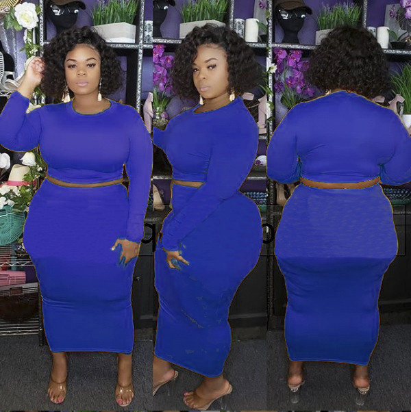 Plus Size Blue Crop Top and Bodycon Long Skirt Set