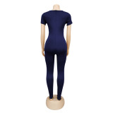 Pure Color Navy Short Sleeve Bodycon Jumpsuit