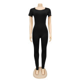 Black Pure Color Short Sleeve Bodycon Jumpsuit