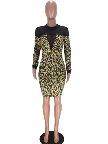 Leopard Print Long Sleeve Mesh Insert Bodycon Dress