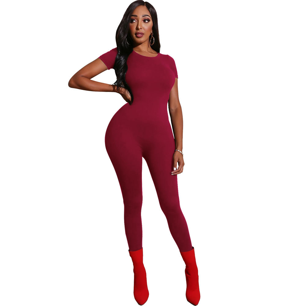Pure Color Burgundy Short Sleeve Bodycon Jumpsuit US$ 5.89 - www.lover ...