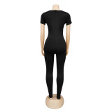 Black Pure Color Short Sleeve Bodycon Jumpsuit