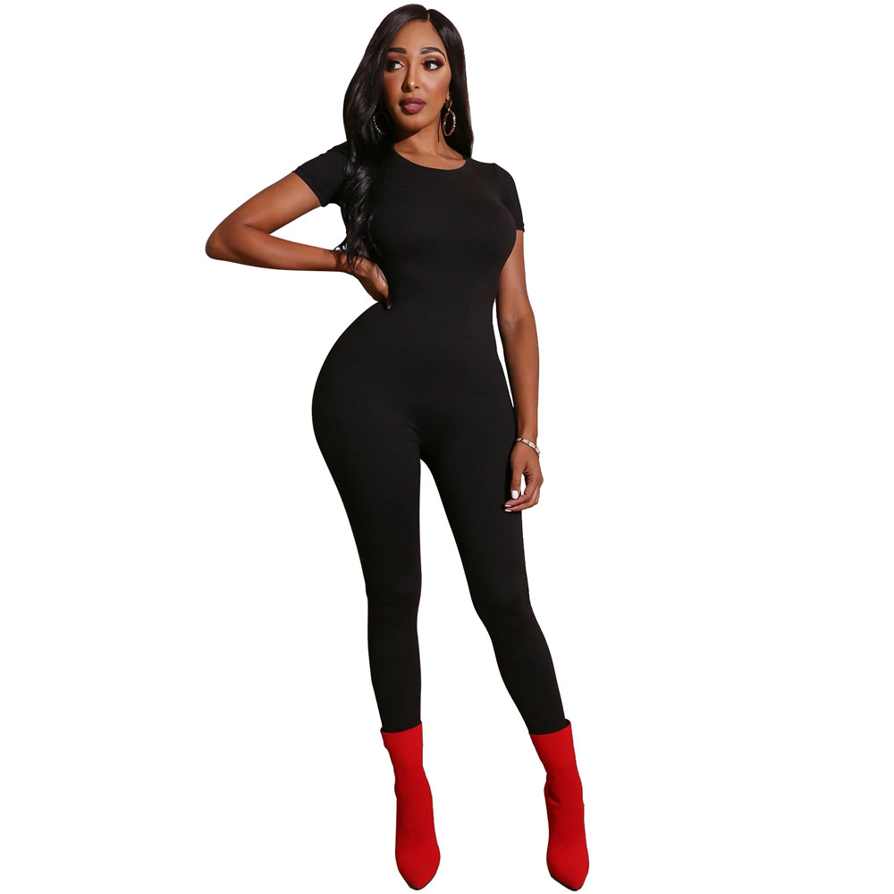 Black Pure Color Short Sleeve Bodycon Jumpsuit US$ 5.89 - www.lover ...