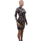 Geometric Print Long Sleeve High Neck Mini Dress