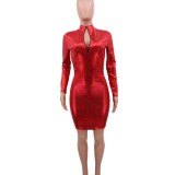 Shiny Red Long Sleeve Zipper Club Dress