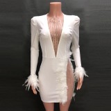 Sexy Sequin Mesh Splicing White Feather Club Dress