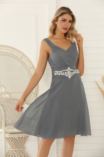 Plus Rhinestone Waist Gray Midi Bridesmaid Dress