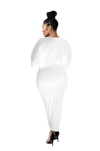 White 3/4 Sleeve Asymmetric Long Wrap Dress