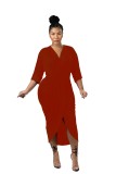Red V Neck Irregular Ruched Wrap Dress