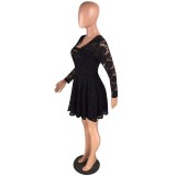 Black Lace V Shape Back Skater Dress
