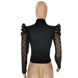 Black High Neck Top with Sequin Mesh Puff Sleeves