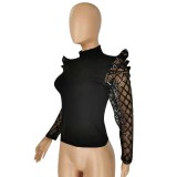 Black High Neck Top with Sequin Mesh Puff Sleeves