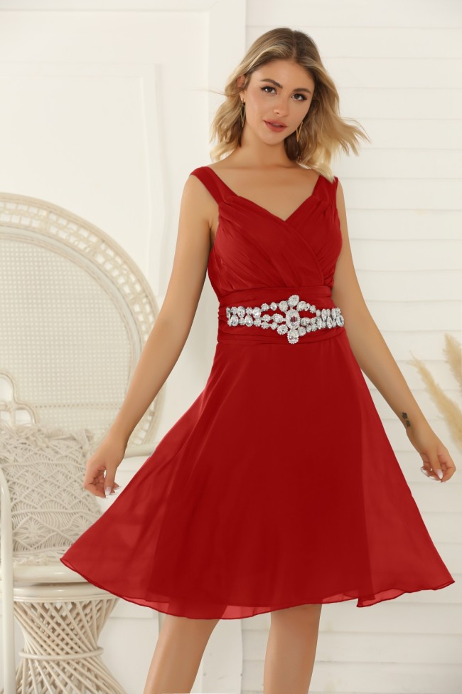 Plus Rhinestone Waist Red Midi Bridesmaid Dress