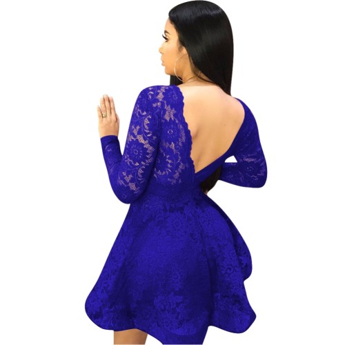 Blue Lace V Shape Back Skater Dress