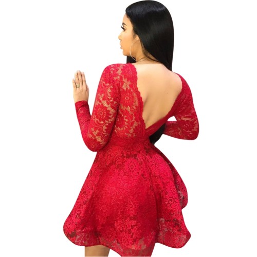 Red Lace V Shape Back Skater Dress