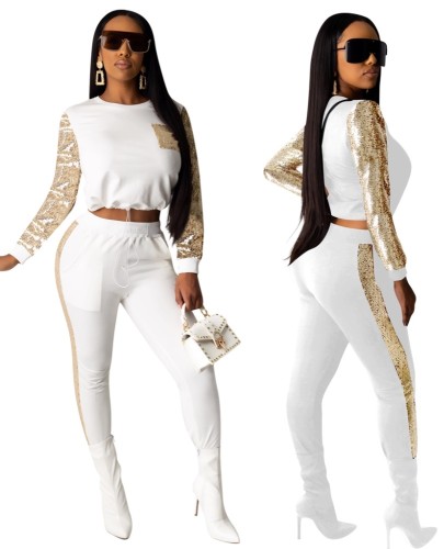 Sequin Patchwork White Crop Top and Pants Set