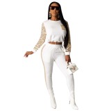 Sequin Patchwork White Crop Top and Pants Set