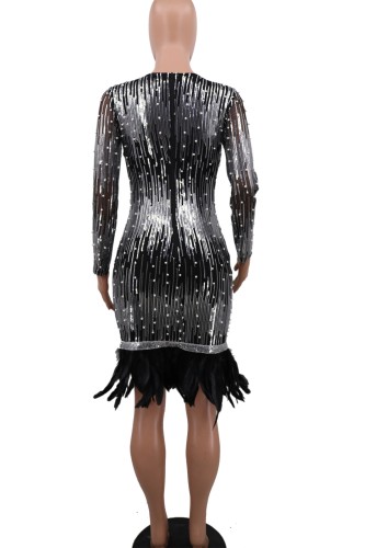 Sexy Sequin Beaded  Black Feather Hem Club Dress