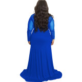 Plus Size Royal Blue Mesh Splice Mock Neck Maxi Dress