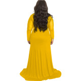 Plus Size Yellow Mesh Splice Mock Neck Maxi Dress