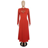 Plus Size Red Mesh Splice Mock Neck Maxi Dress