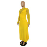 Plus Size Yellow Mesh Splice Mock Neck Maxi Dress